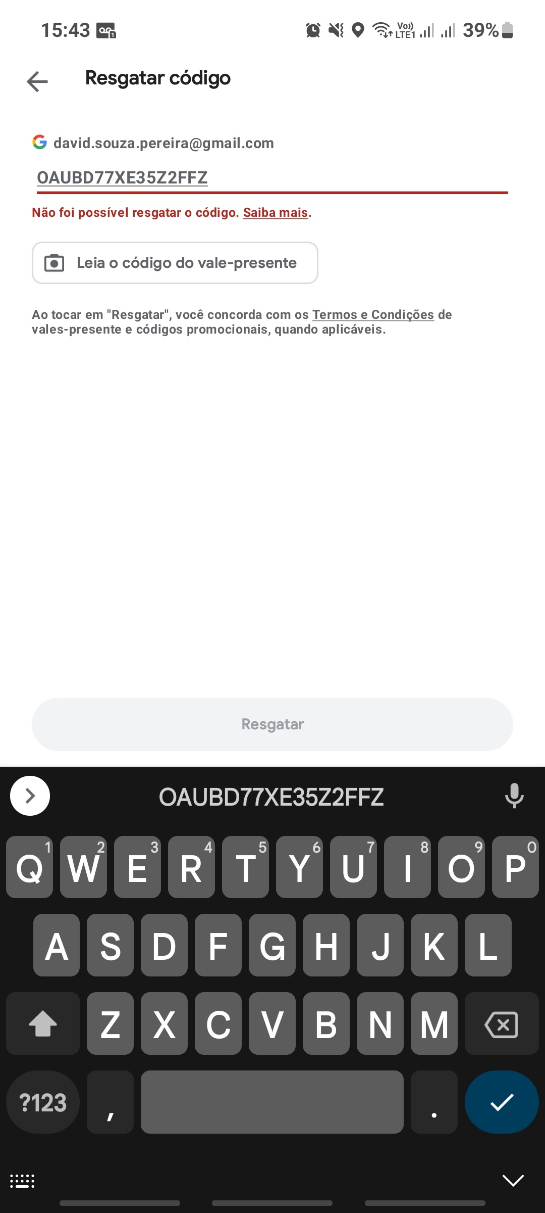 não consigo resgatar meu código vale presente na google play - Comunidade Google  Play