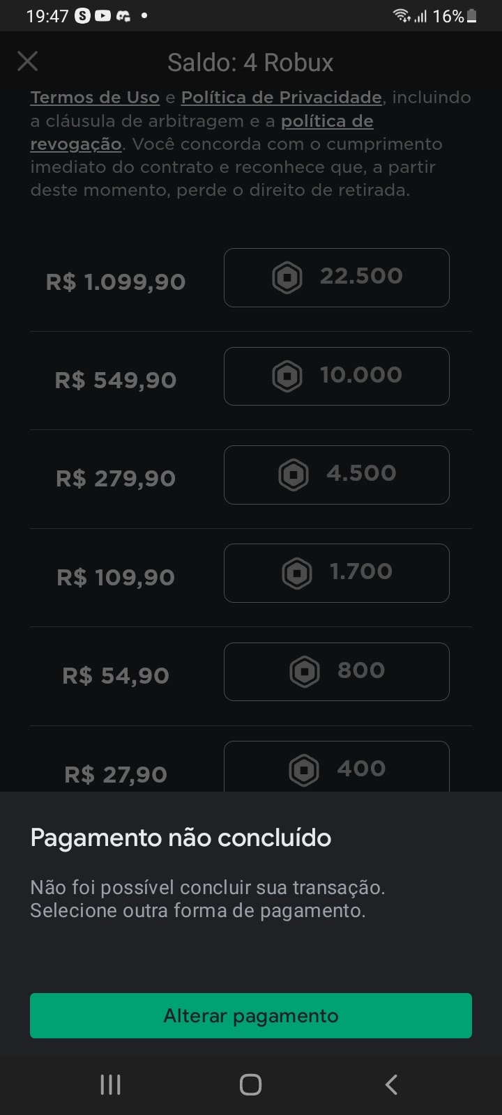 Erro na compra de robux roblox - Comunidade Google Play