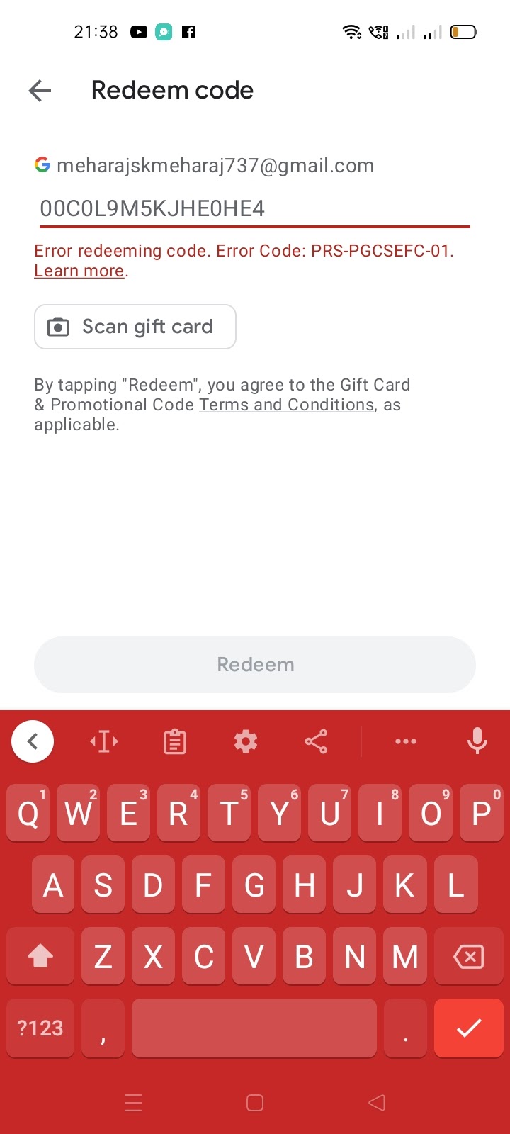 Error redeeming code. Error Code: PRS-GCRPM-01. - Google Play Community