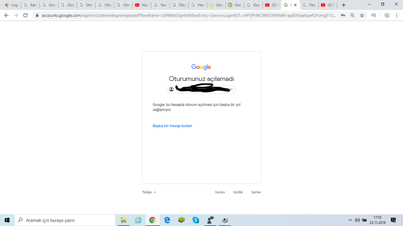 Google, bu hesapta oturum açılması için başka bir yol