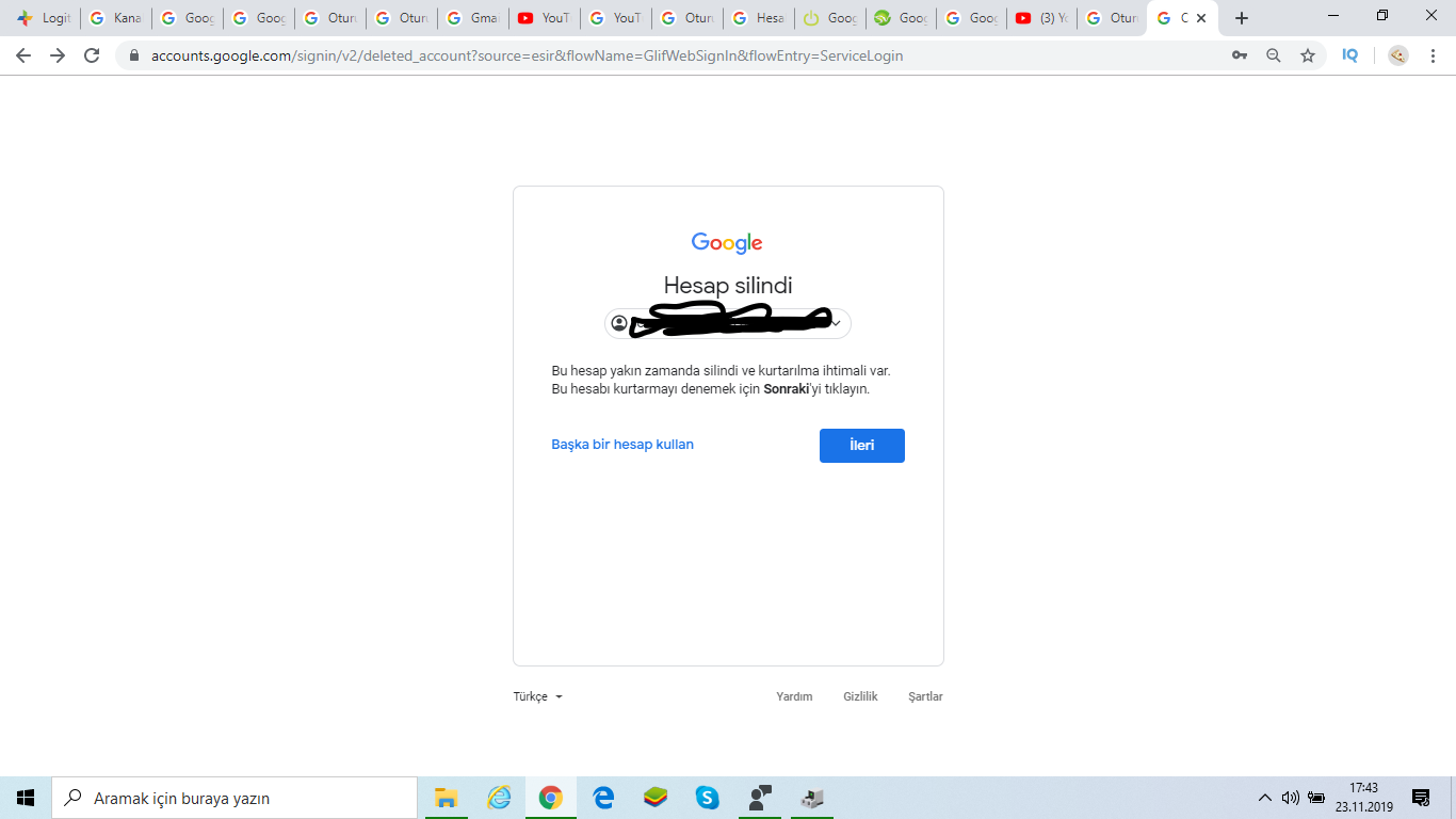 Google, bu hesapta oturum açılması için başka bir yol