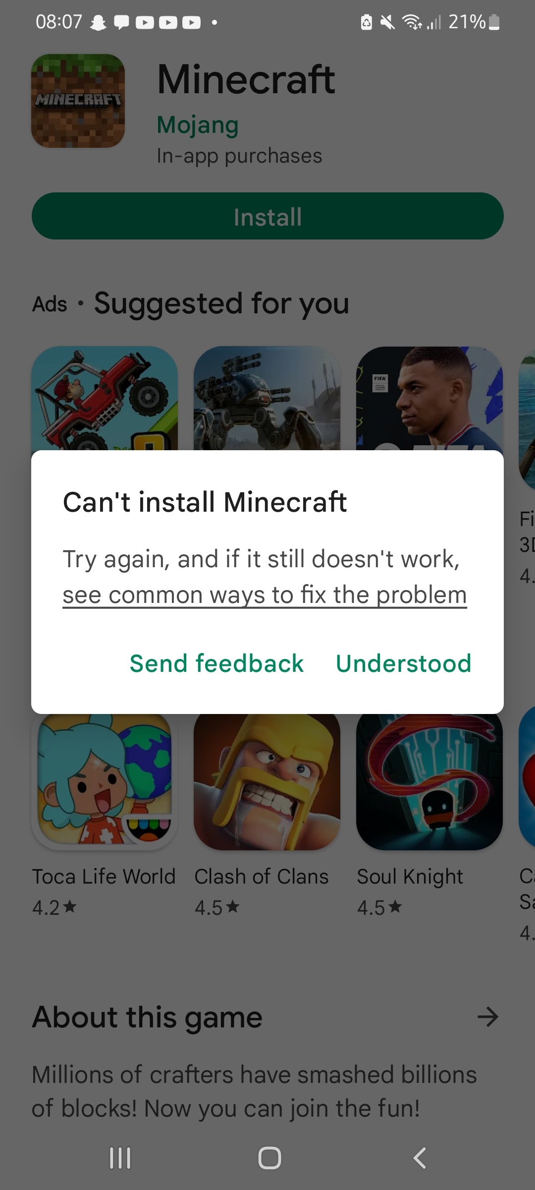 Why cant i install minecraft? - Google Play Community