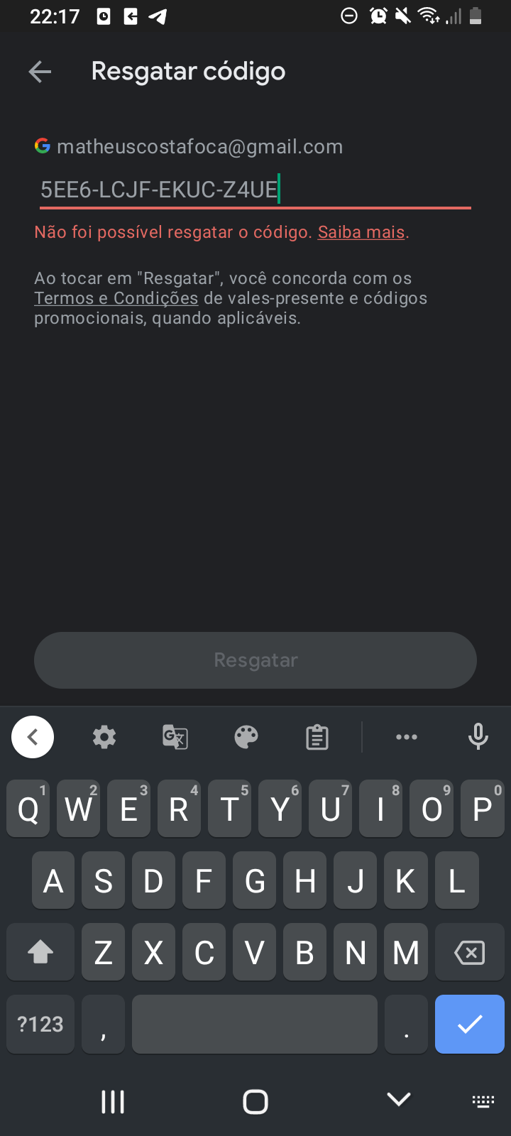 Resgatei um Gift Card na Play Store, e esperei para verificar a