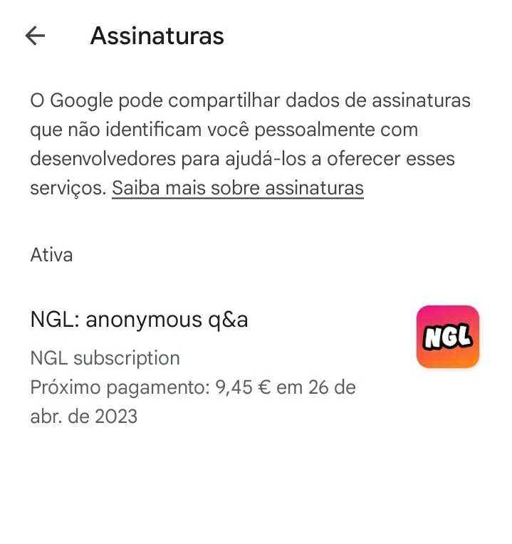 queria uma explicação do pq tem uma assinatura em um app sendo que eu não  fiz nenhuma - Comunidade Google Play