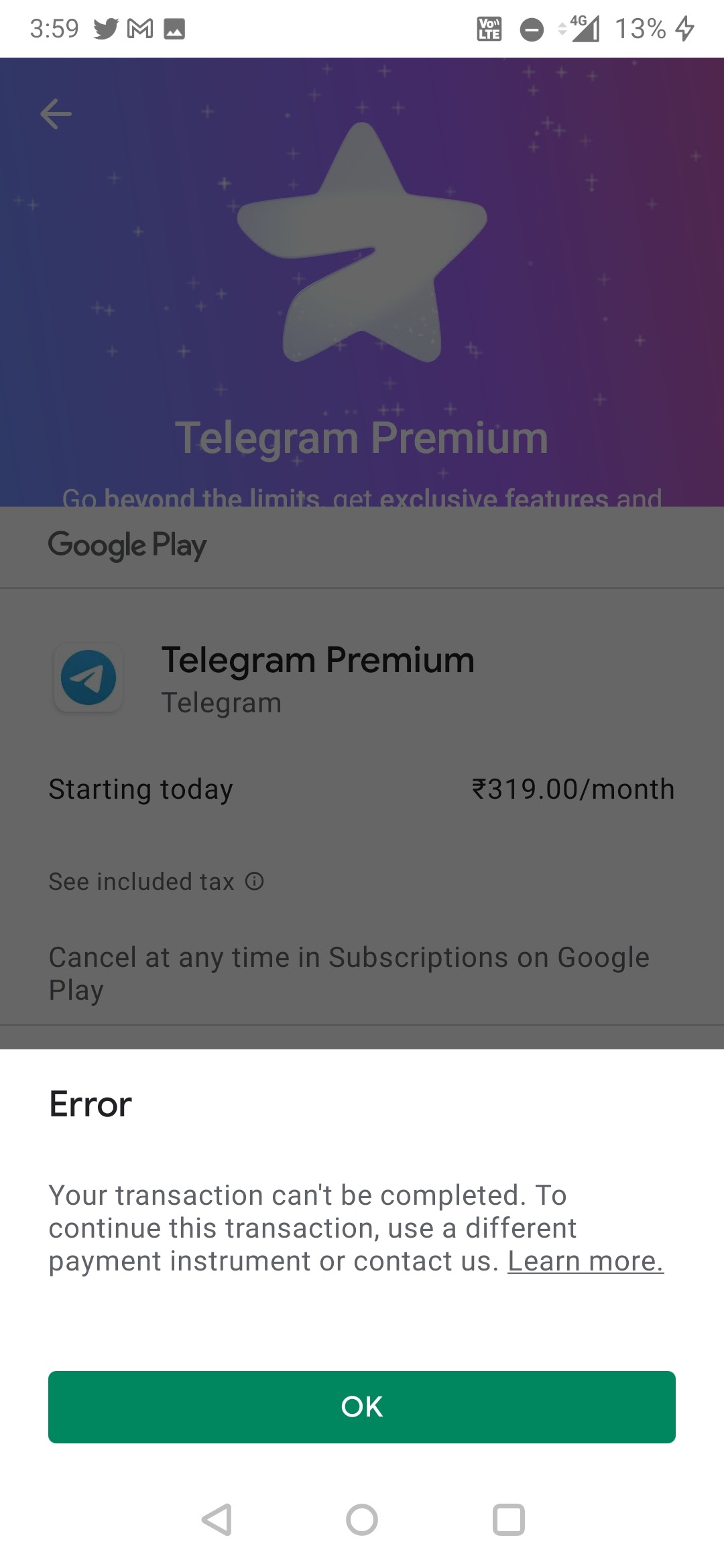 Transaction can't be complete - Google Play Community