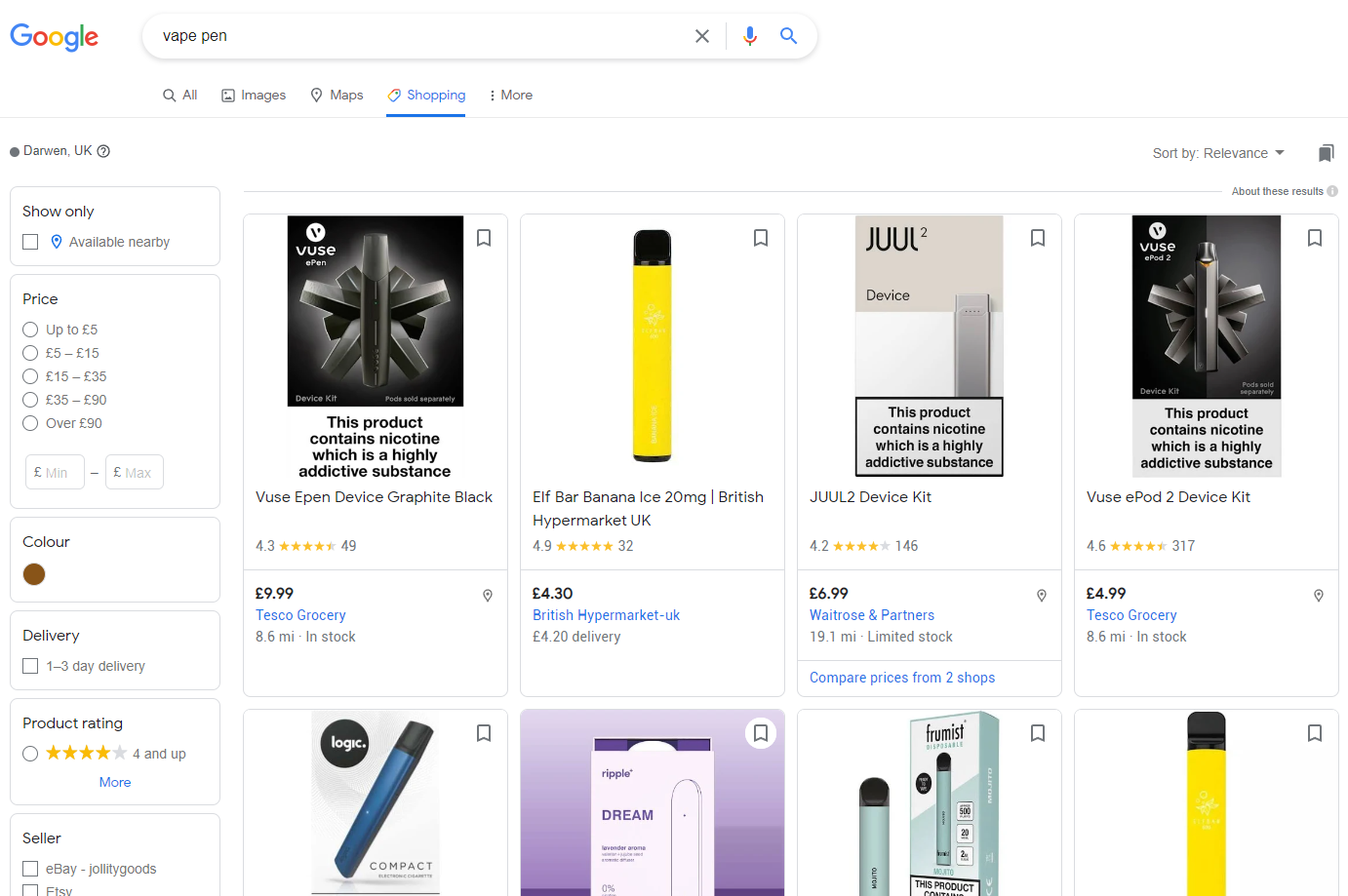 Businesses listing vape products on Google Ads