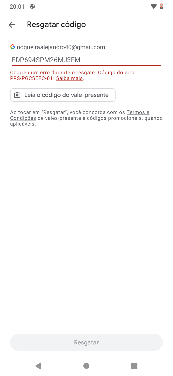 Como resolver o problema do código do vale presente prs-pgcsefc-01 -  Comunidade Google Play