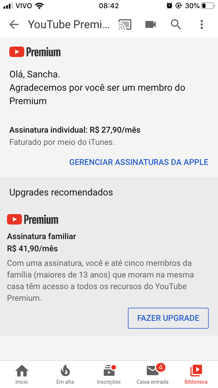 Paguei pela assinatura do YT premium, o valor foi debitado,mas não