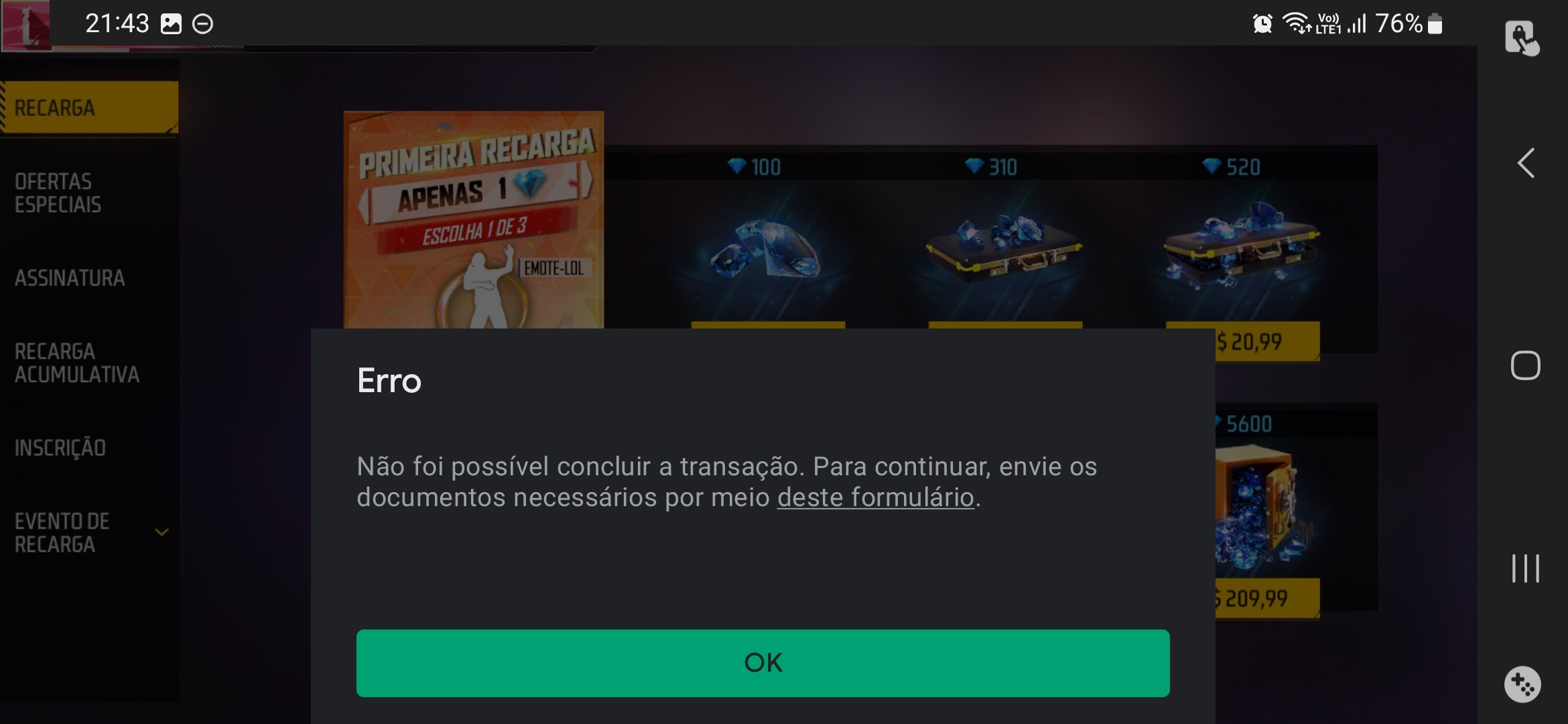 Erro na compra de diamante no ff - Comunidade Google Play