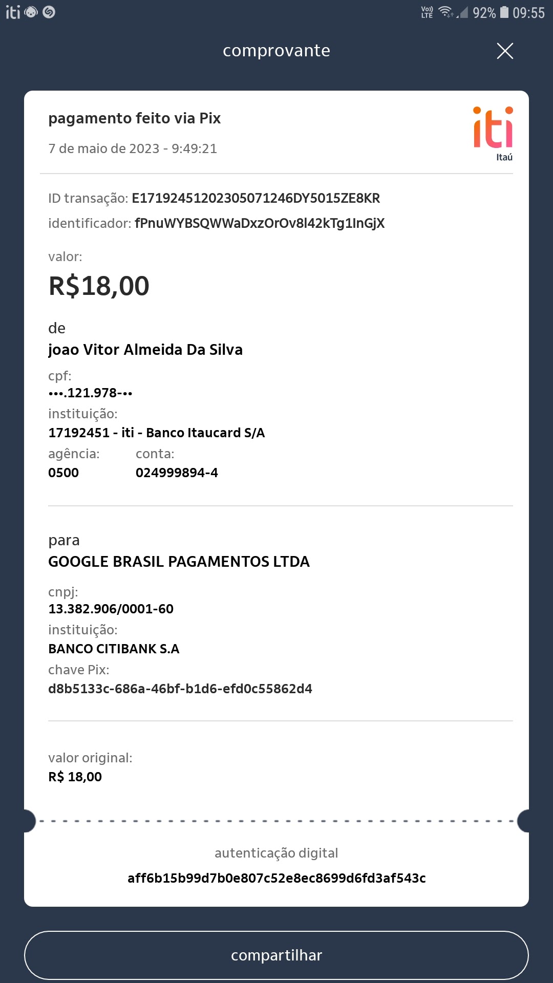 Comprovante pagamento feito via Pix ti 10 de outubro de 2023 - Itaú ID  transação: I valor