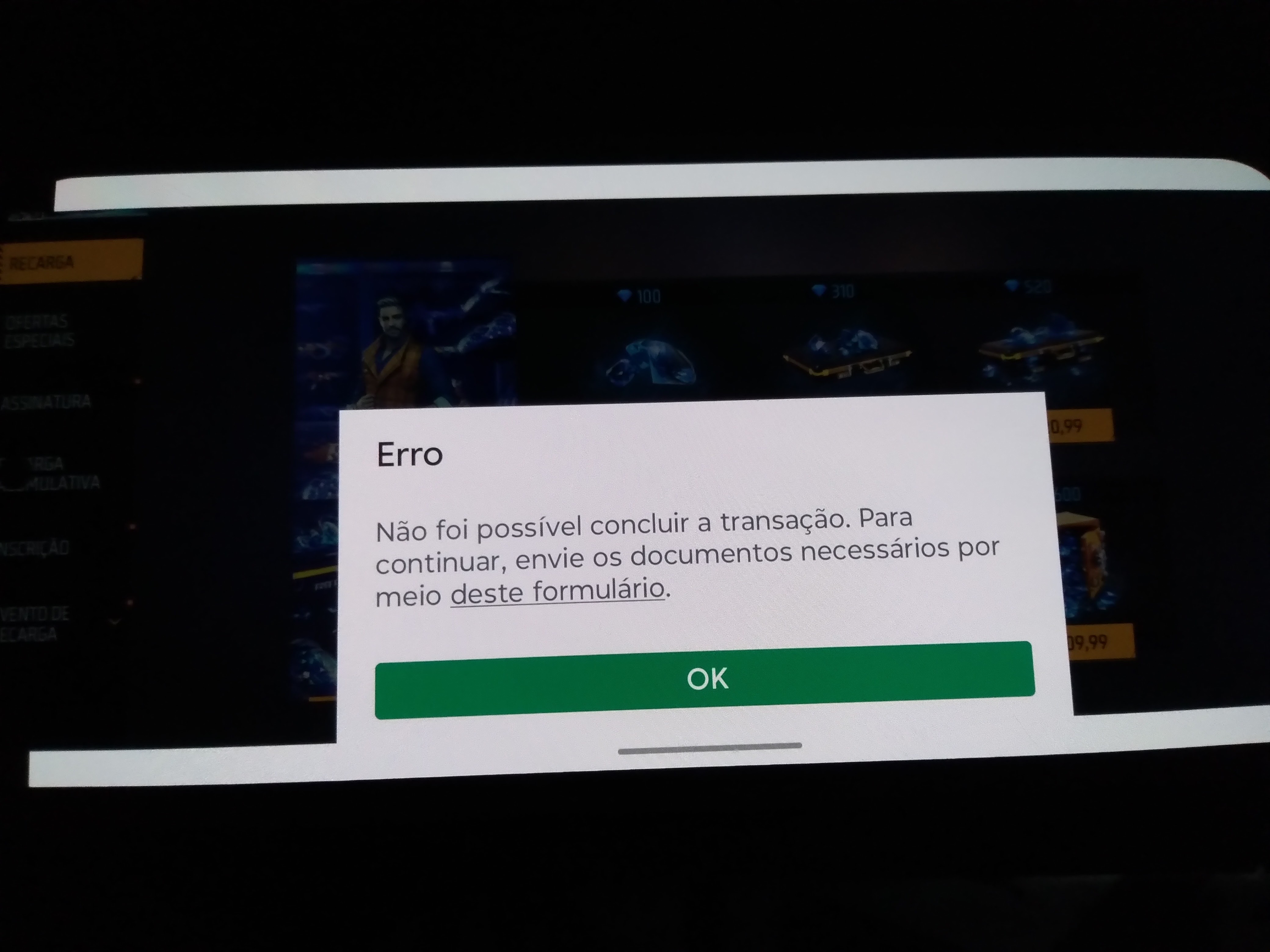 No meu jogo free fire tá recusando o meu pagamento dando erro