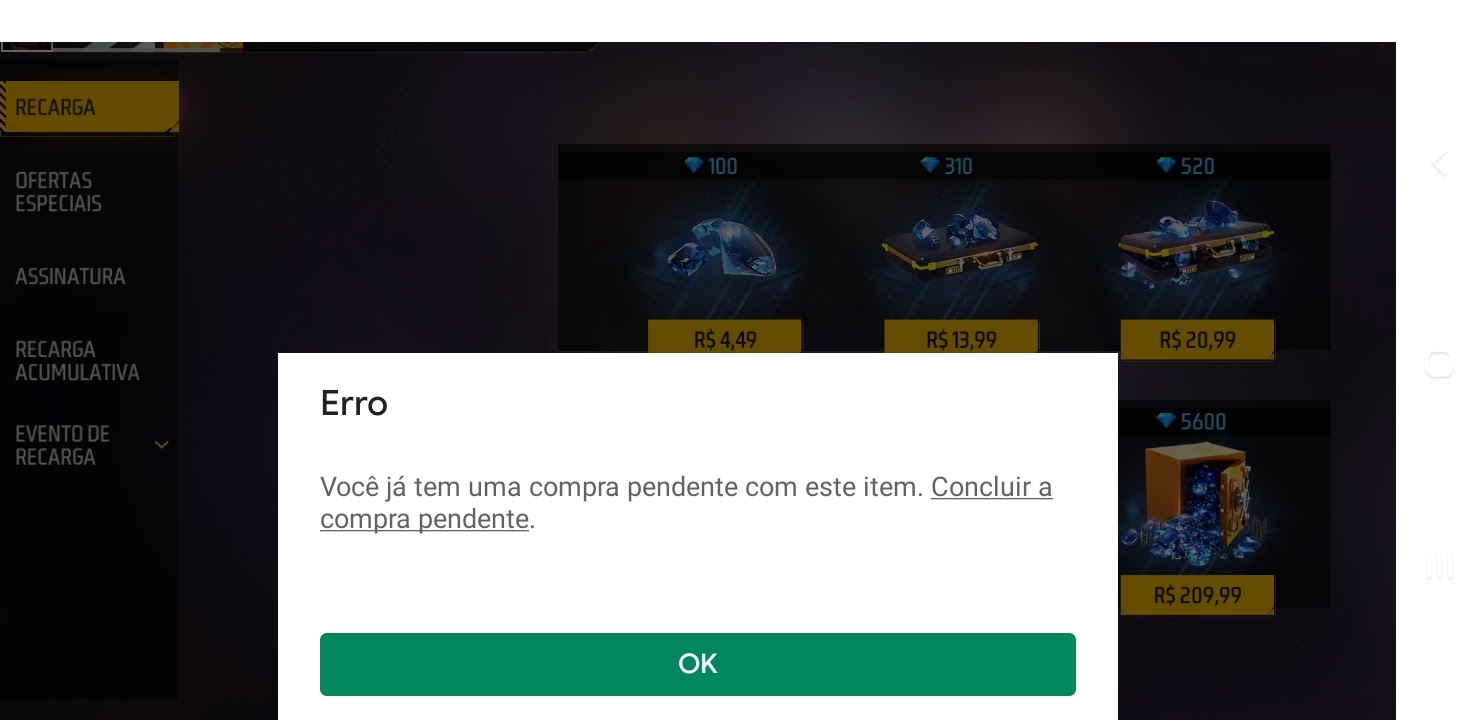 erro na compra diamante no ff - Comunidade Google Play