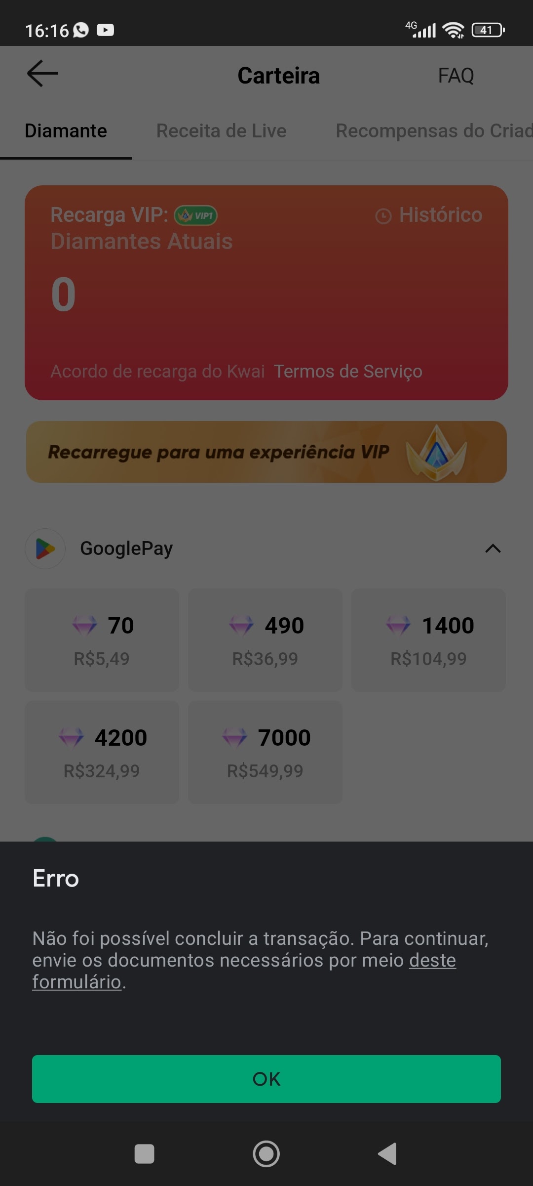 Não tô conseguindo comprar diamantes no kwai - Comunidade Google Play