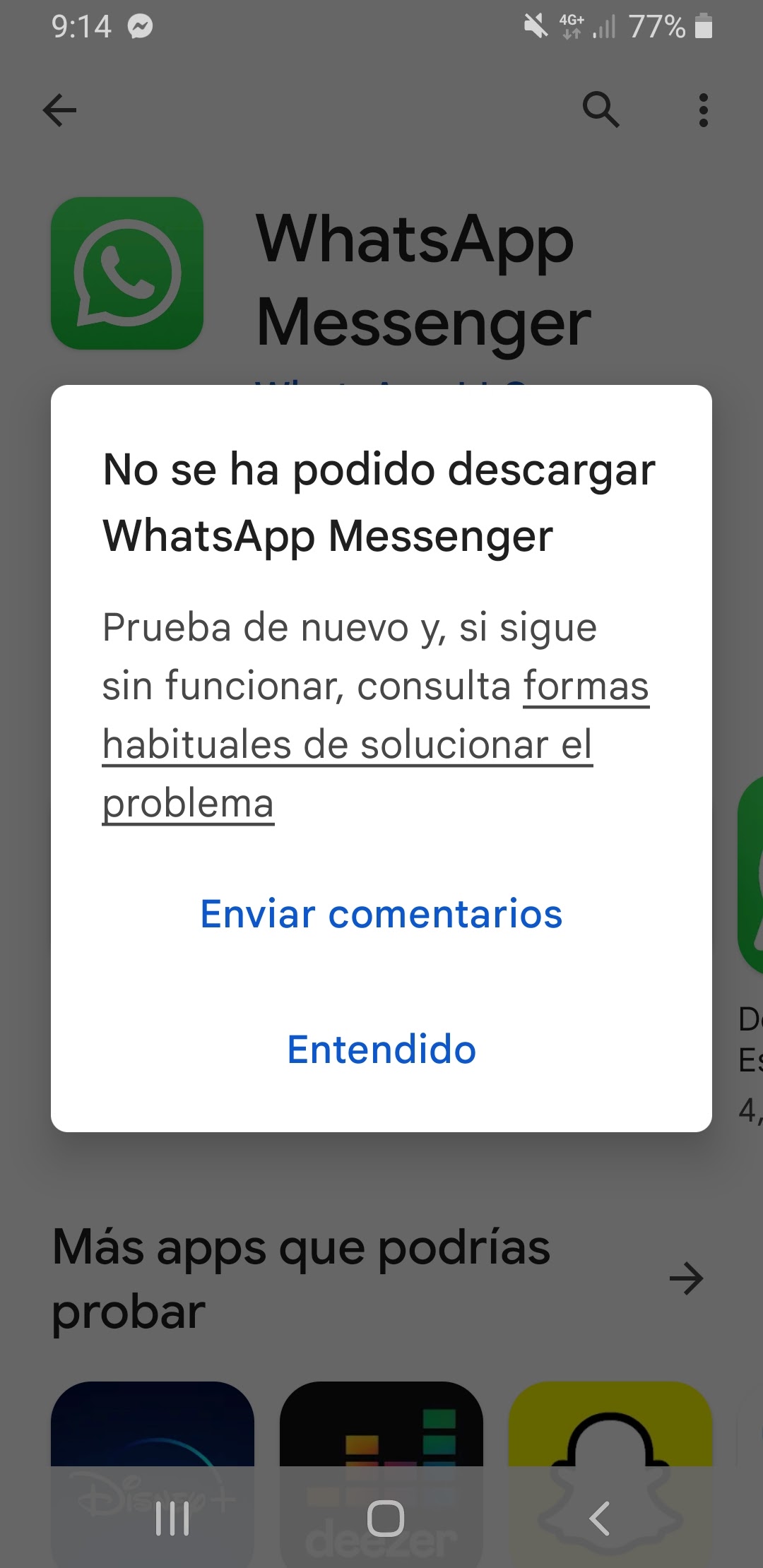 No me deja instalar whatsapp quisiera una solucion ya que es muy