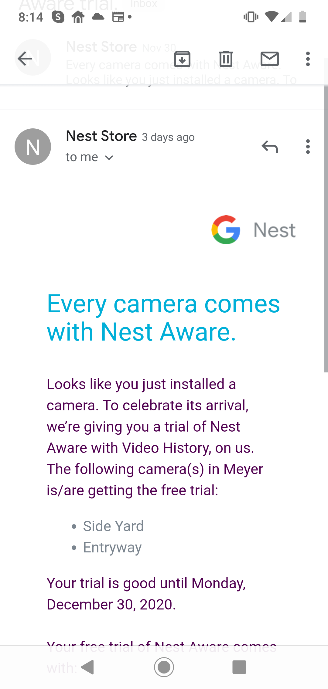 nest aware free trial not working