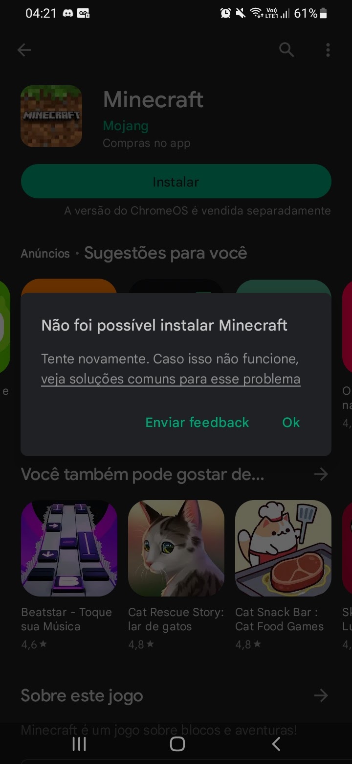 Não estou conseguindo instalar o jogo minecraft. - Comunidade