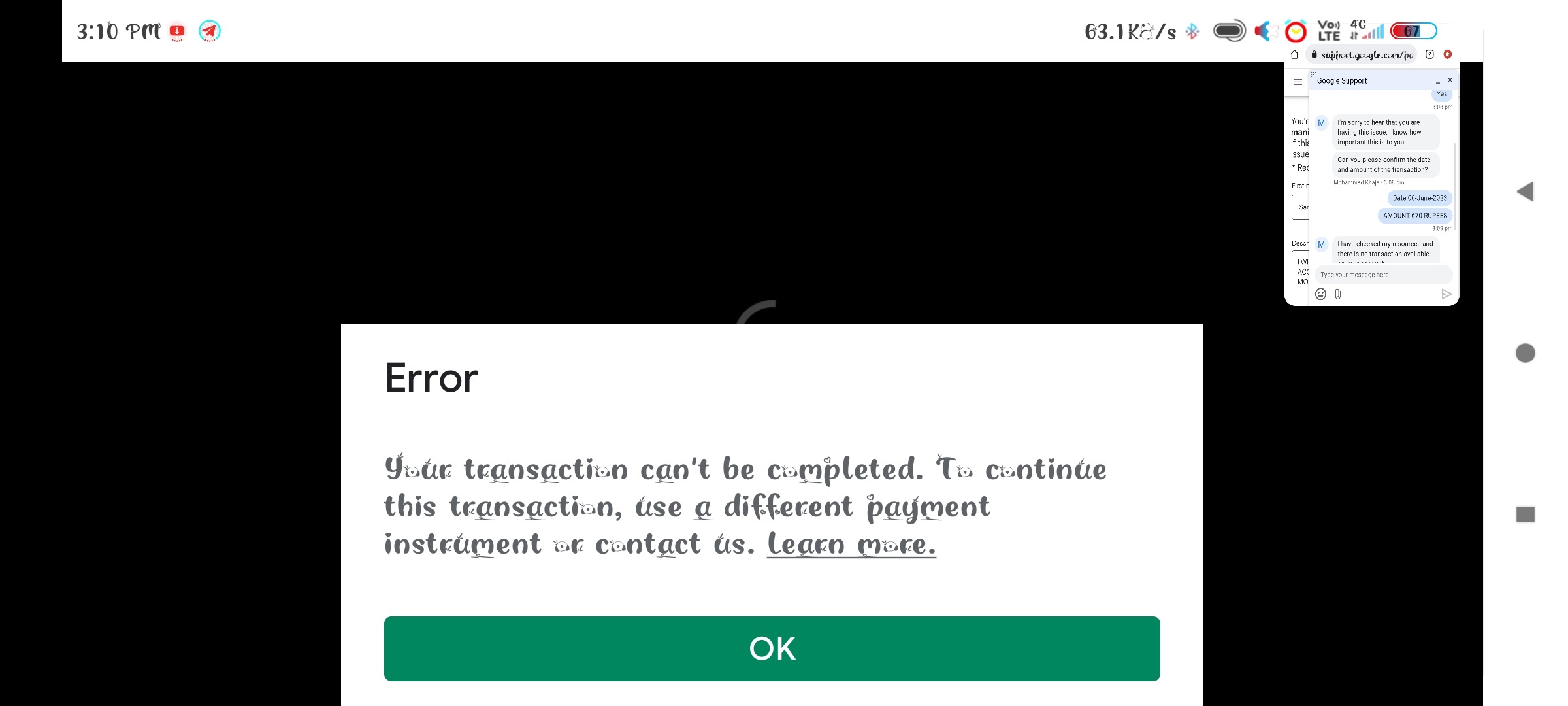 Transaction can't be complete - Google Play Community