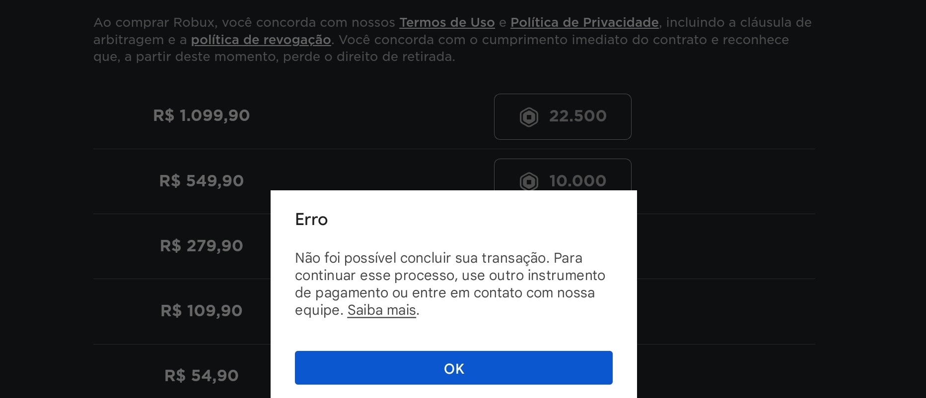 Erro na compra de robux roblox - Comunidade Google Play