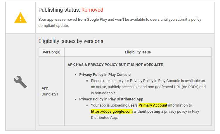 explains why its app was kicked from Google Play