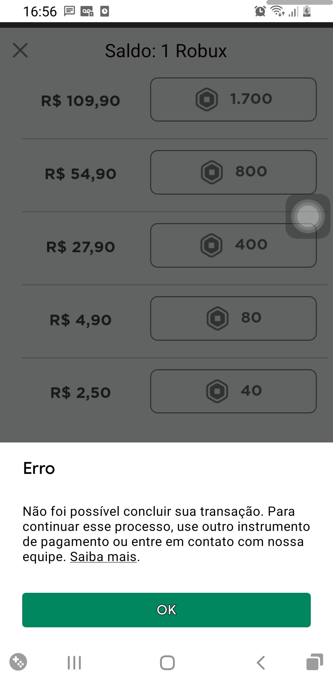 Erro quando vou comprar robux no Roblox - Comunidade Google Play