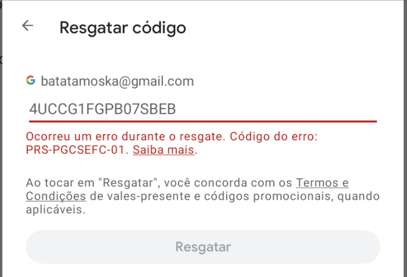 Como faço pra resgatar meu gift card sendo que está dando erro - Comunidade Google  Play