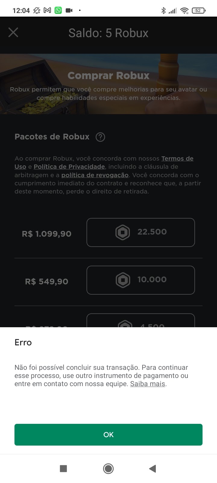 Tento comprar robux e da error. - Comunidade Google Play