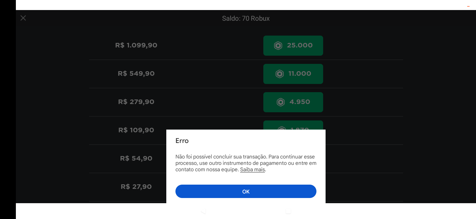 Erro na compra de robux roblox - Comunidade Google Play