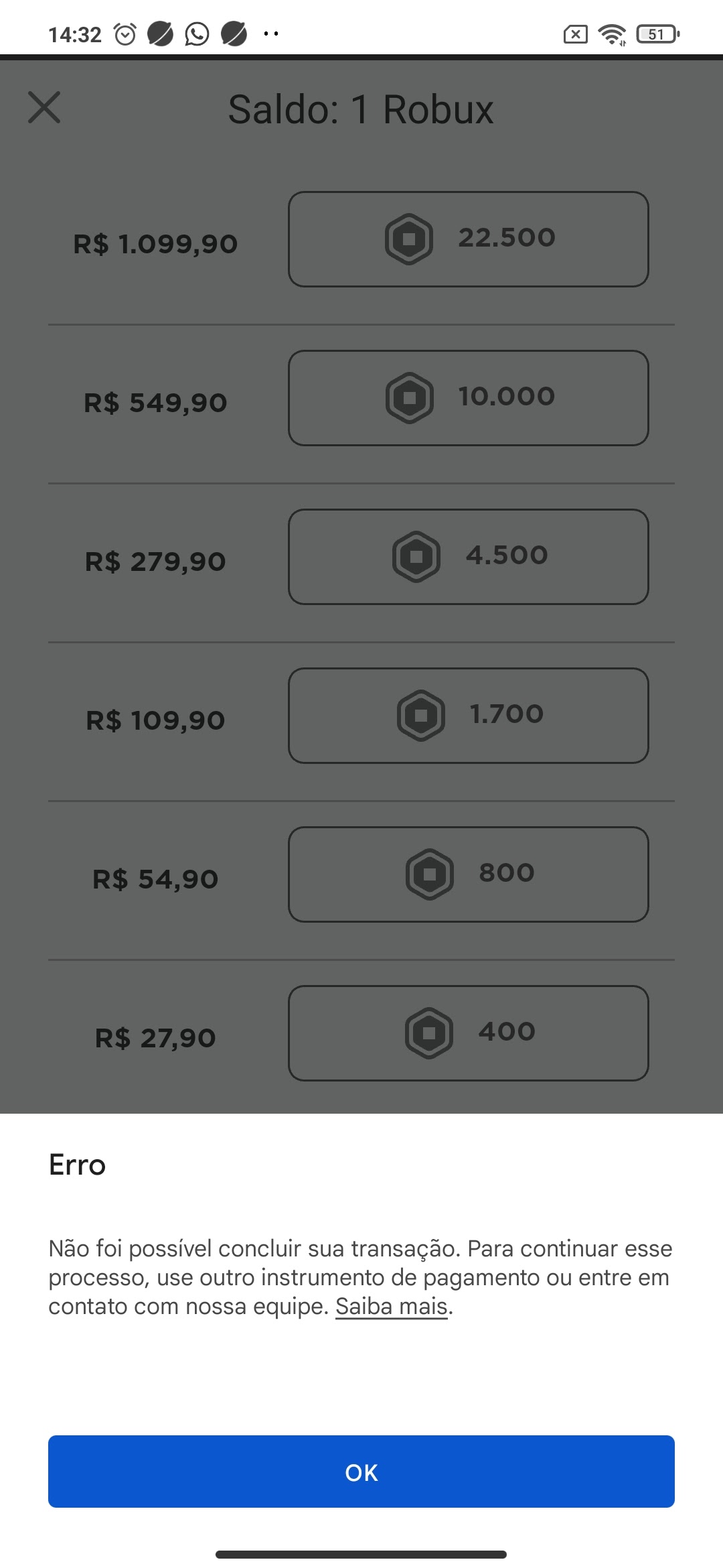 Erro ao comprar robux - Comunidade Google Play