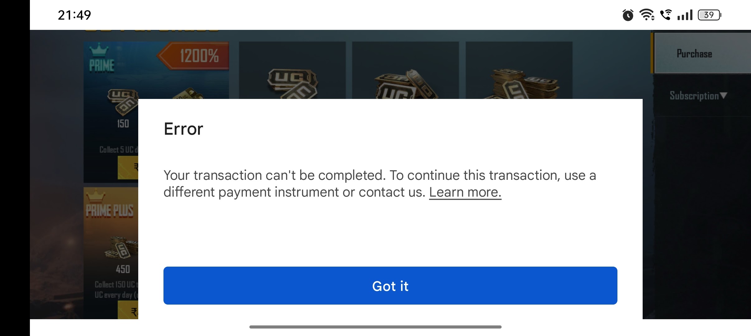 Transaction can't be complete - Google Play Community