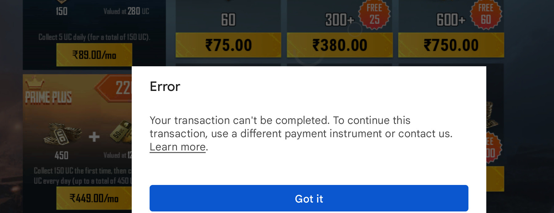 Transaction can't be complete - Google Play Community