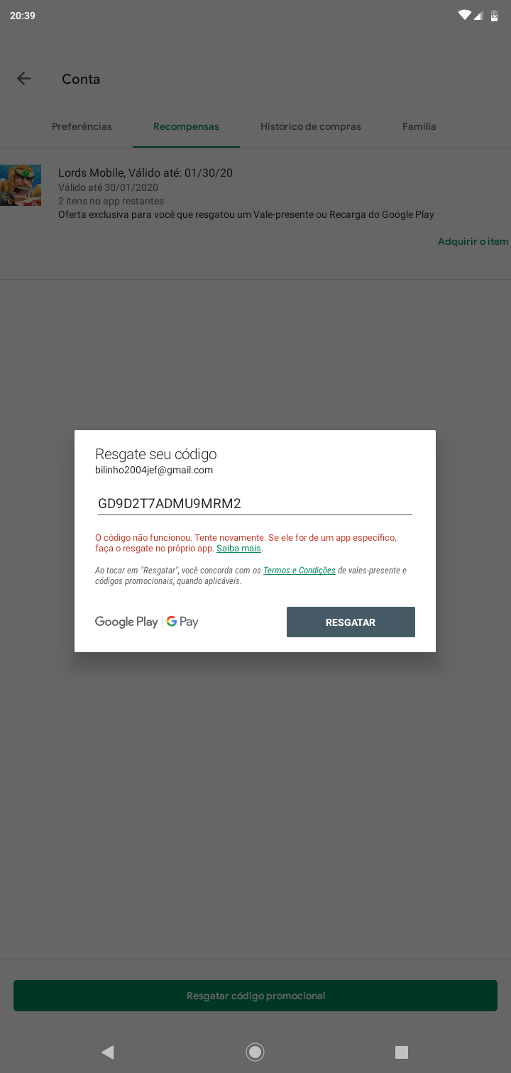 Quando vou resgata o código da inválido - Comunidade Google Play