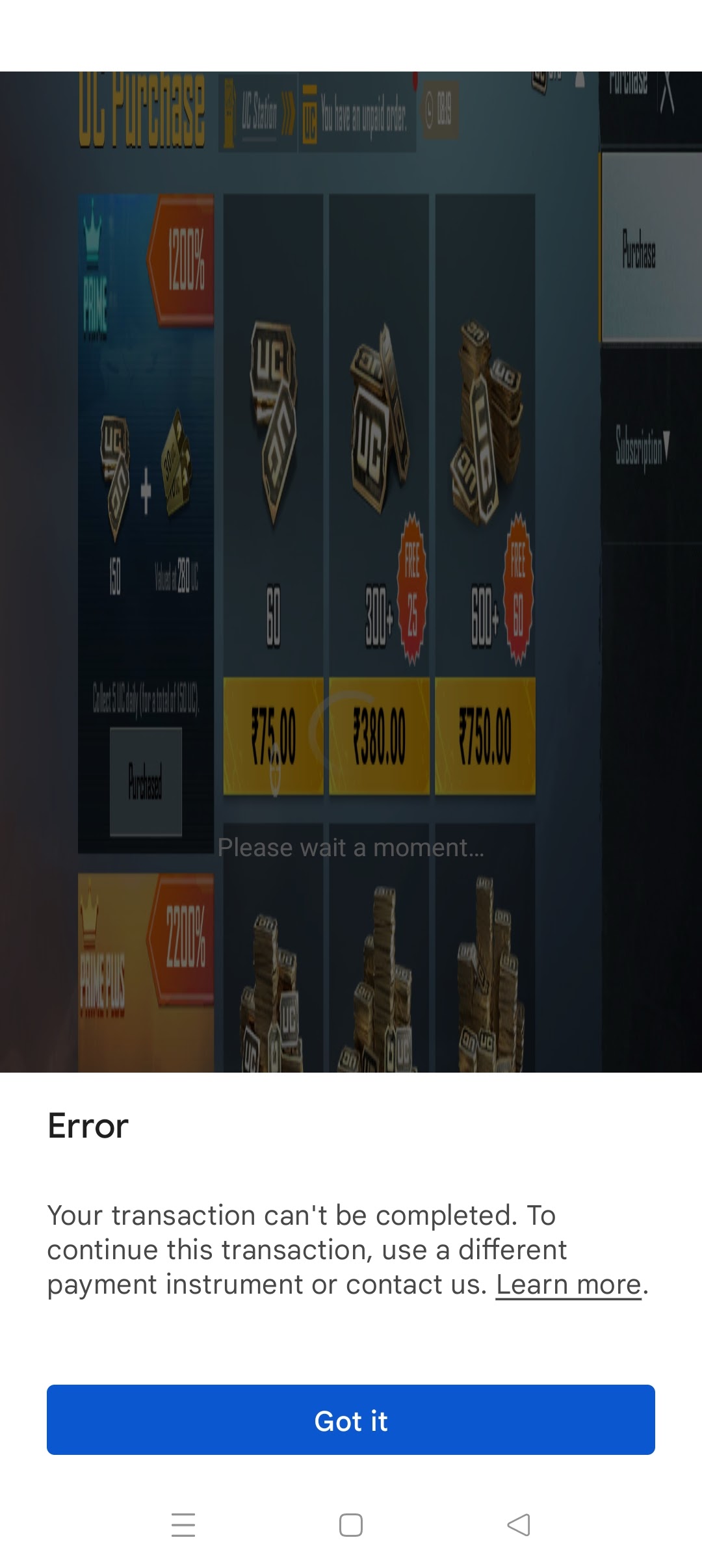 Transaction error - Google Play Community