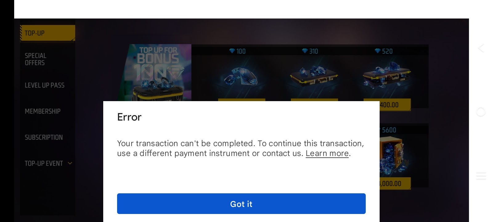 Transaction can't be complete - Google Play Community