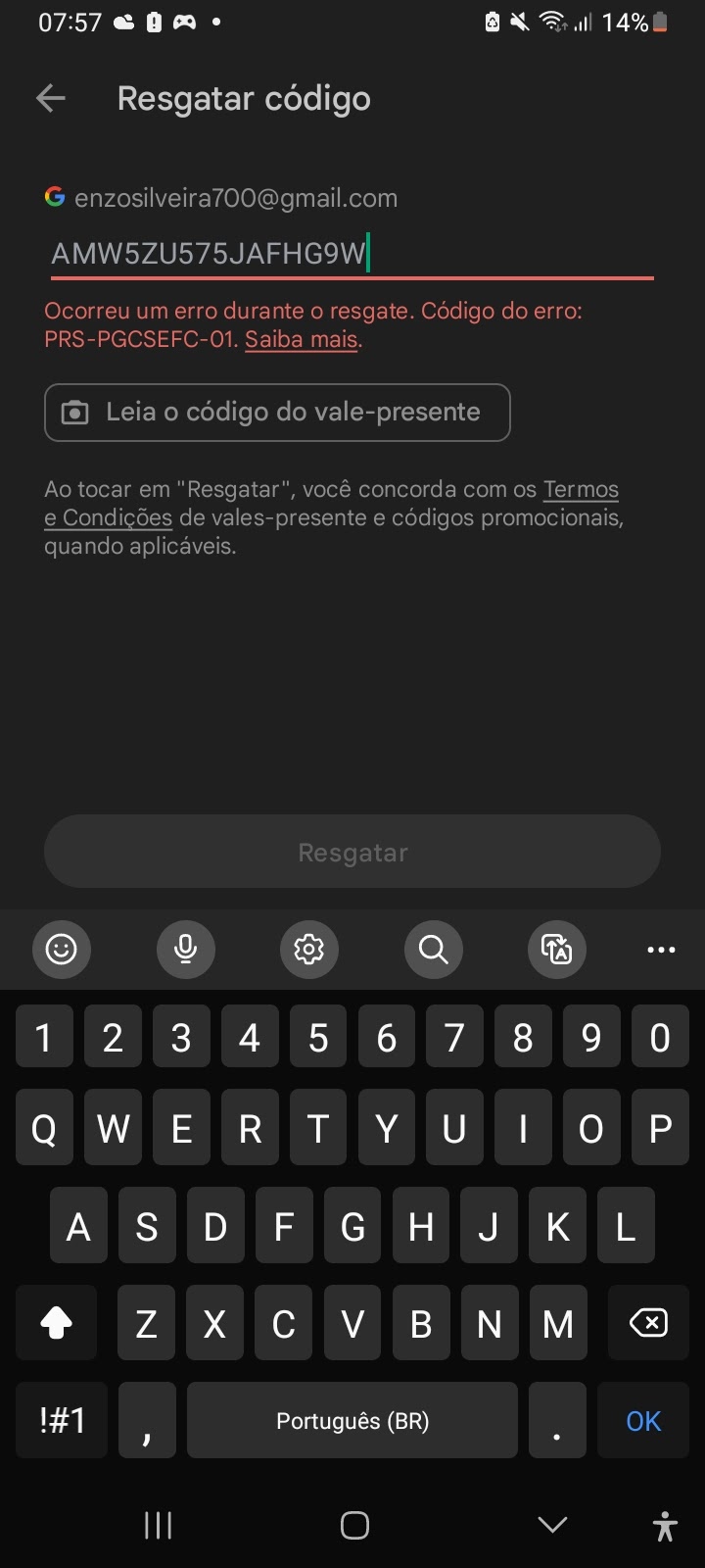 Como faço pra resgatar meu gift card sendo que está dando erro - Comunidade Google  Play