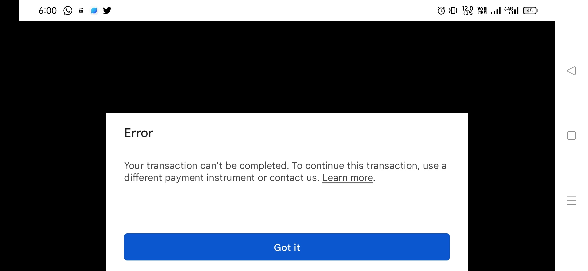 Transaction can't be complete - Google Play Community