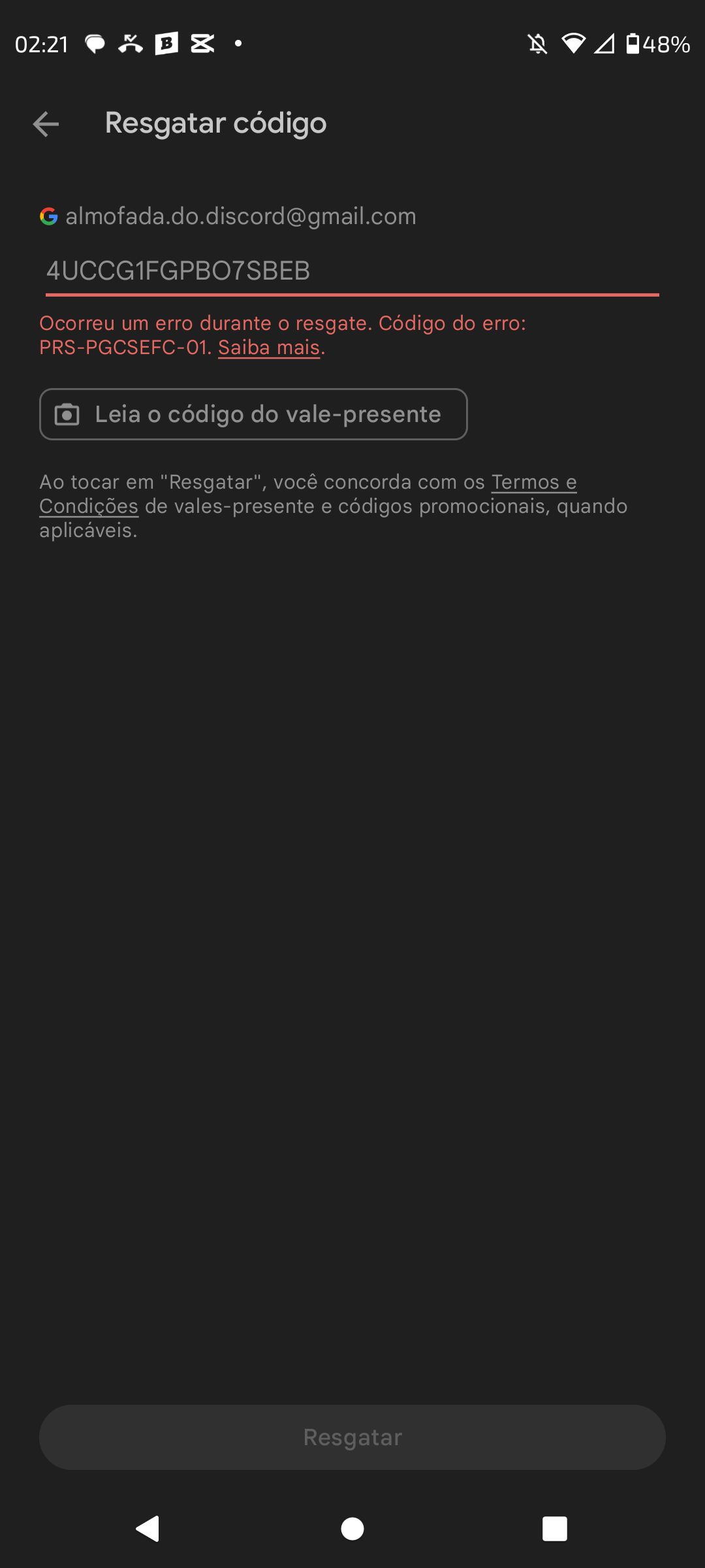 Precisamos de mais informações sobre seu vale-presente com código de resgate  - Comunidade Google Play