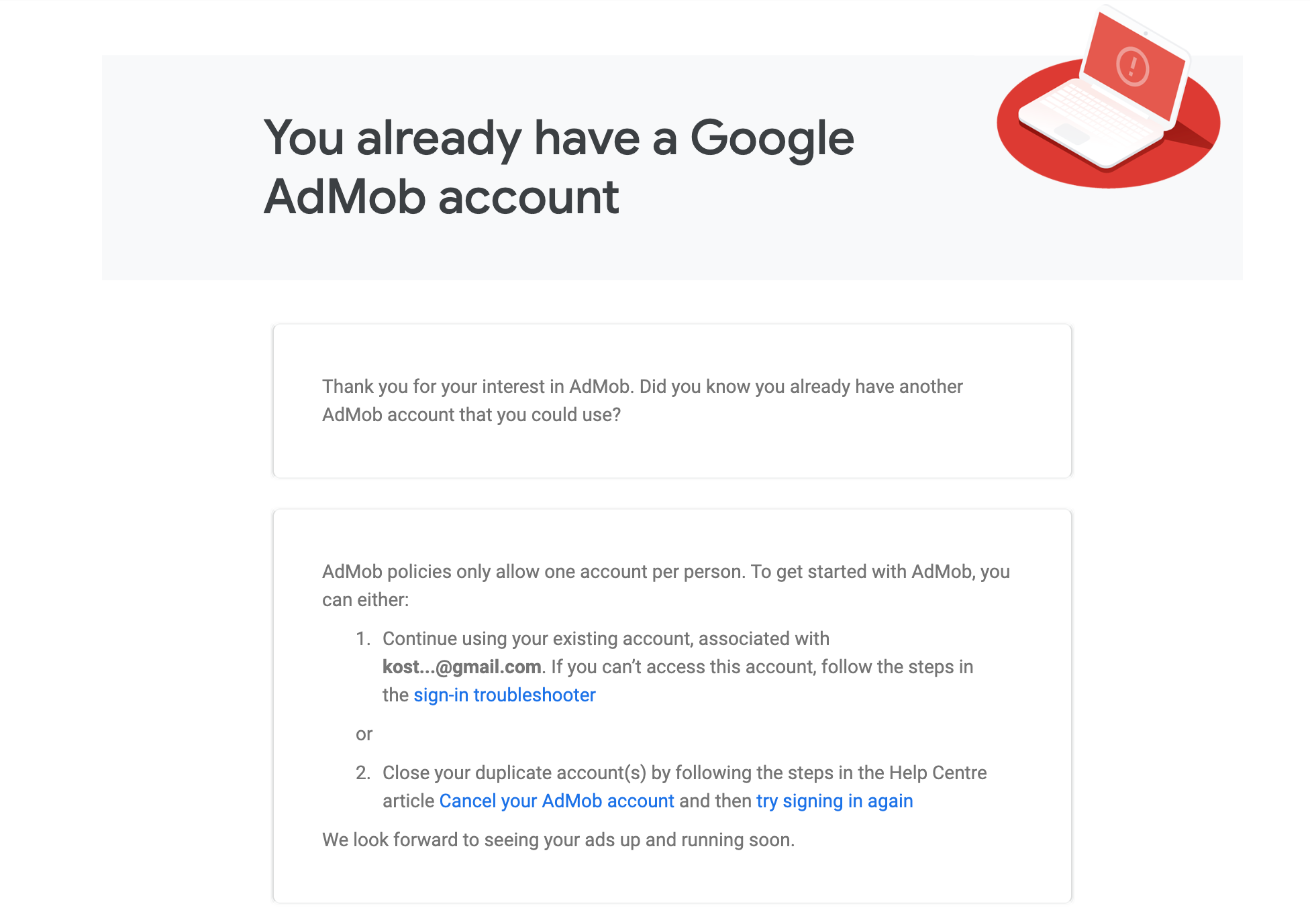 I must close another account Google AdMob Community