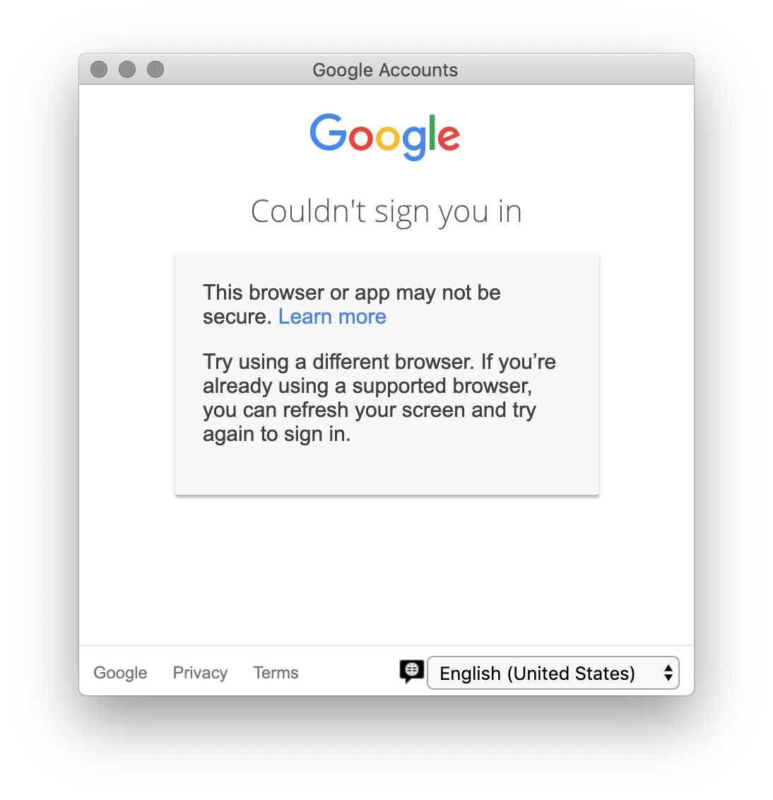 mac google account connection insecure