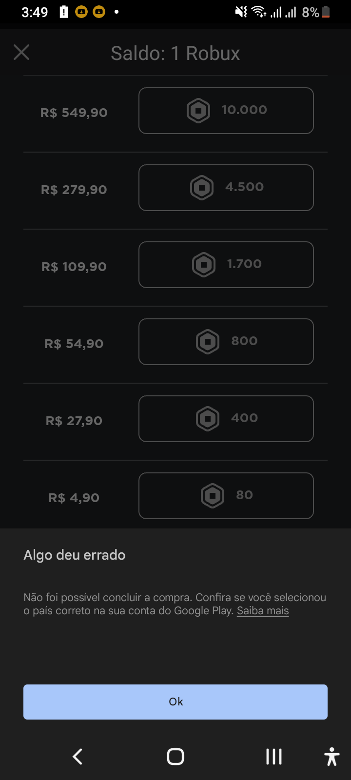 Tento comprar robux e da error. - Comunidade Google Play