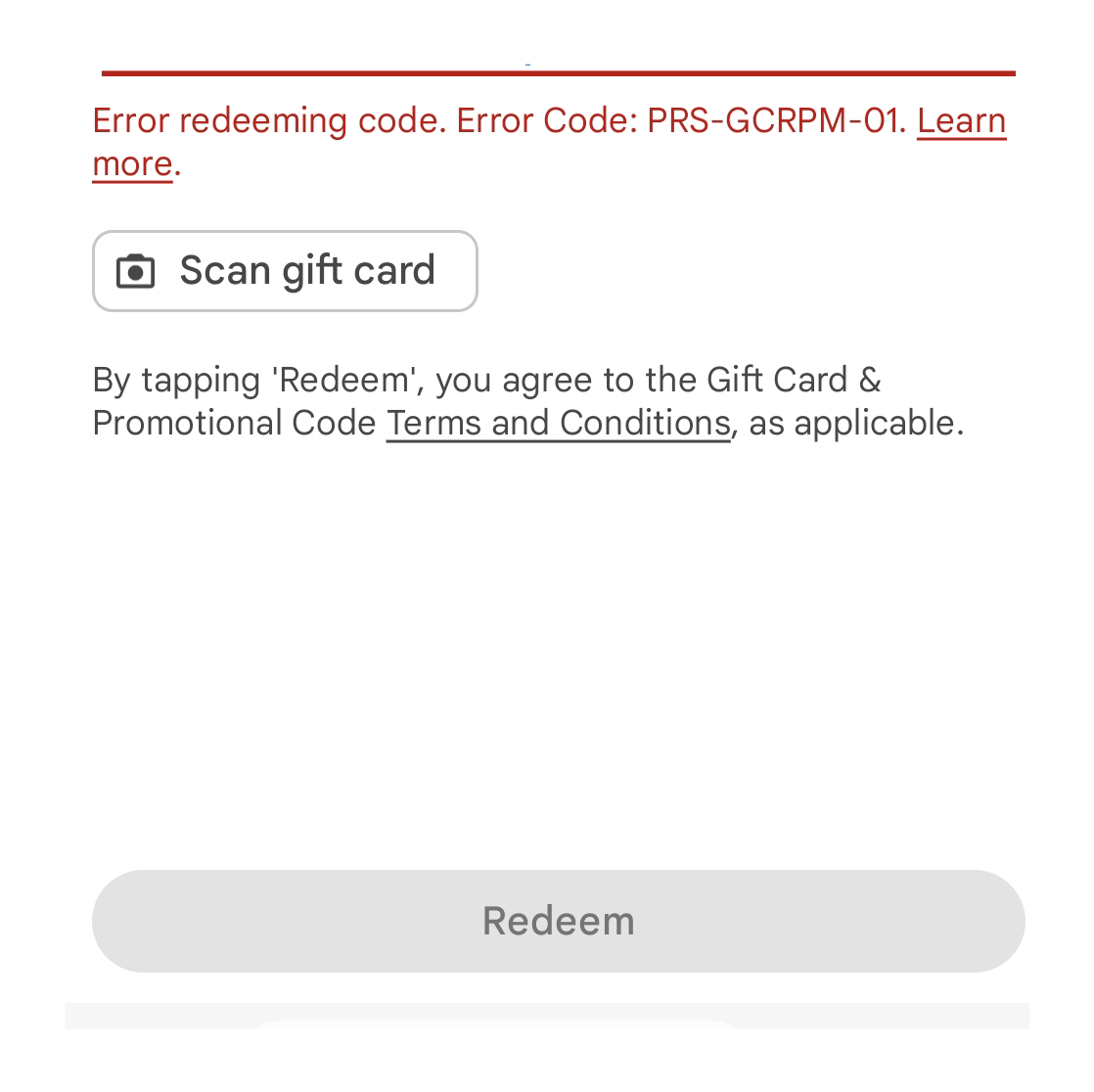 Error redeeming code. Error Code: PRS-GCRPM-01. - Google Play Community