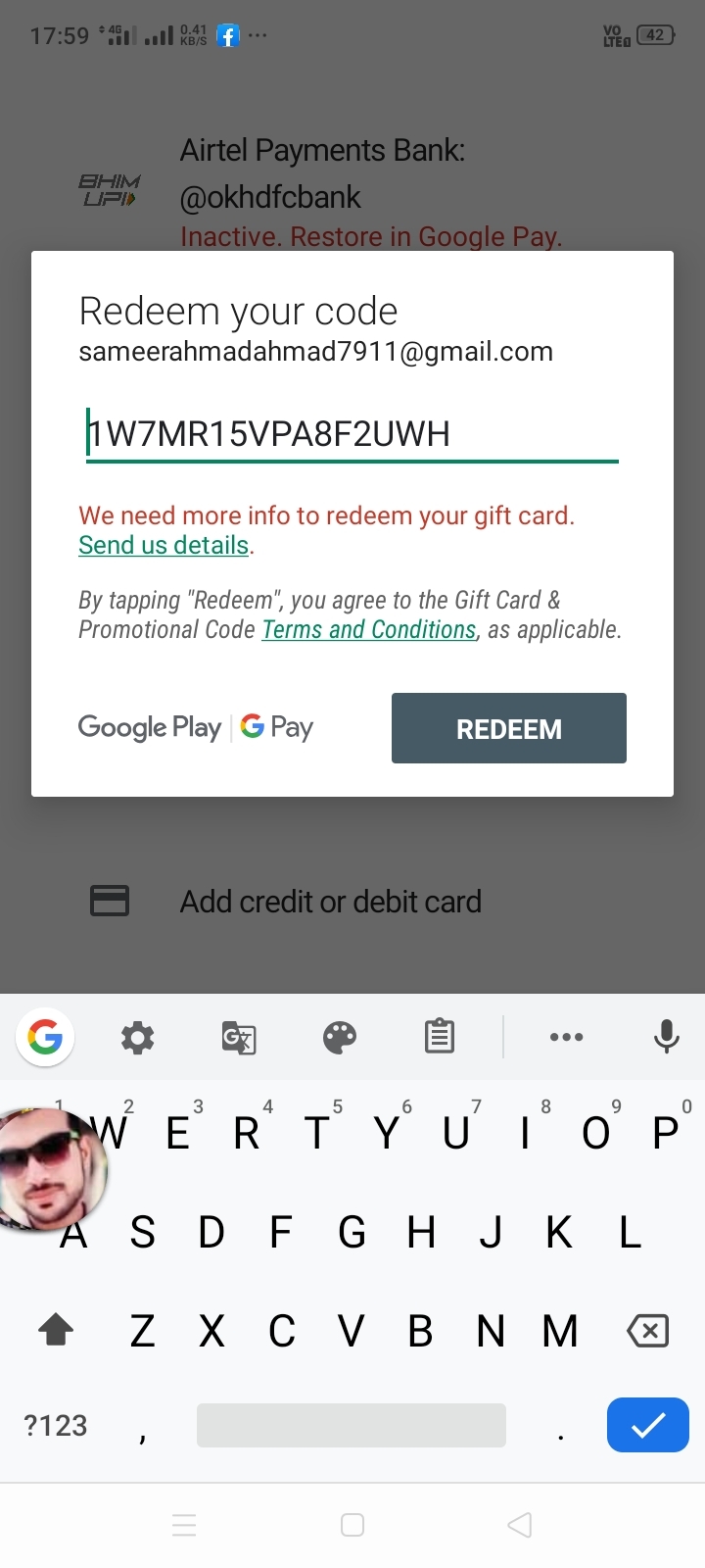 we need more info your gift card redeem code - Google Play Community