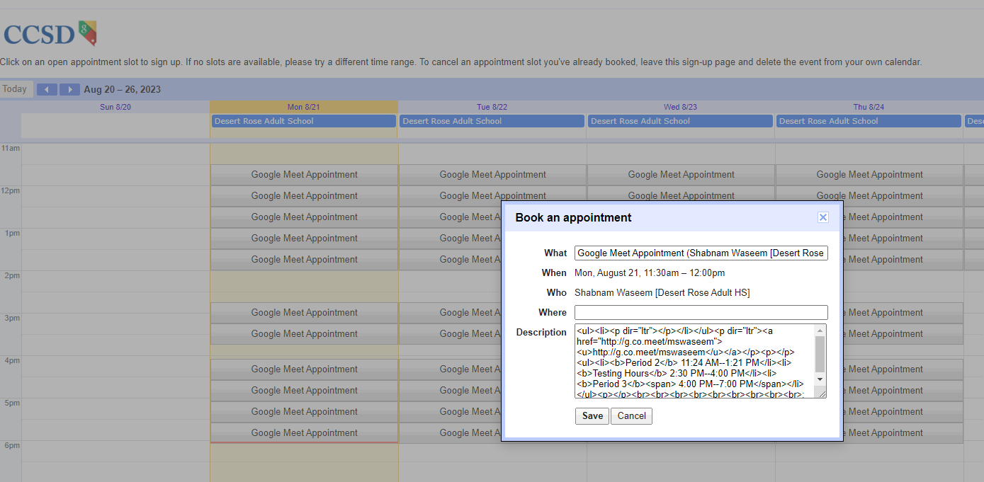 Appointment Slots Description appears in JAVA on the students end