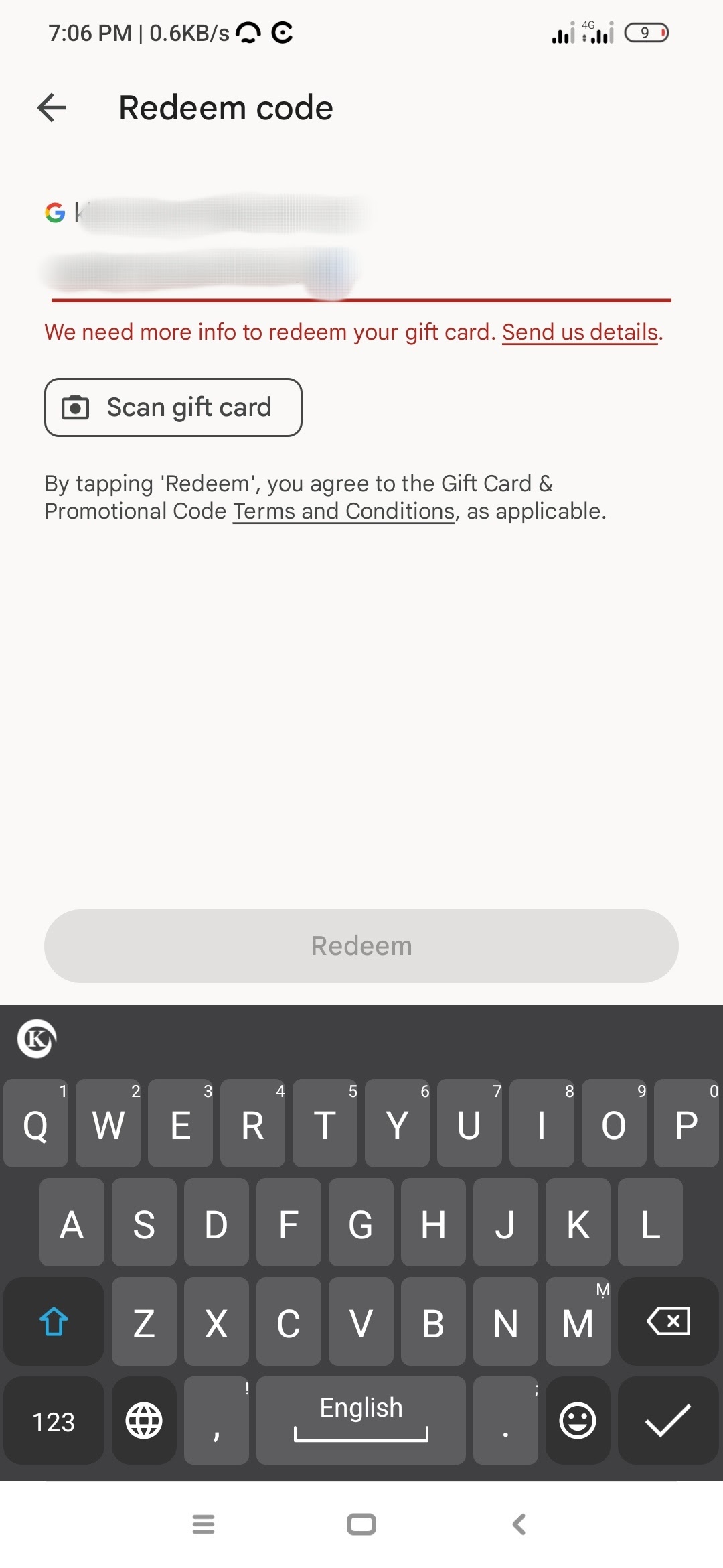 we need more info your gift card redeem code - Google Play Community