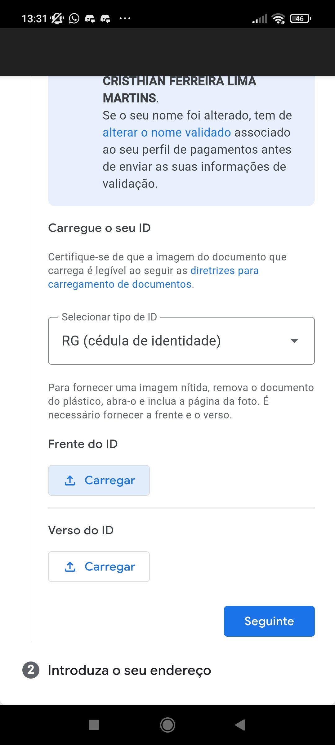 como posso fazer minha validação da conta google para compras no