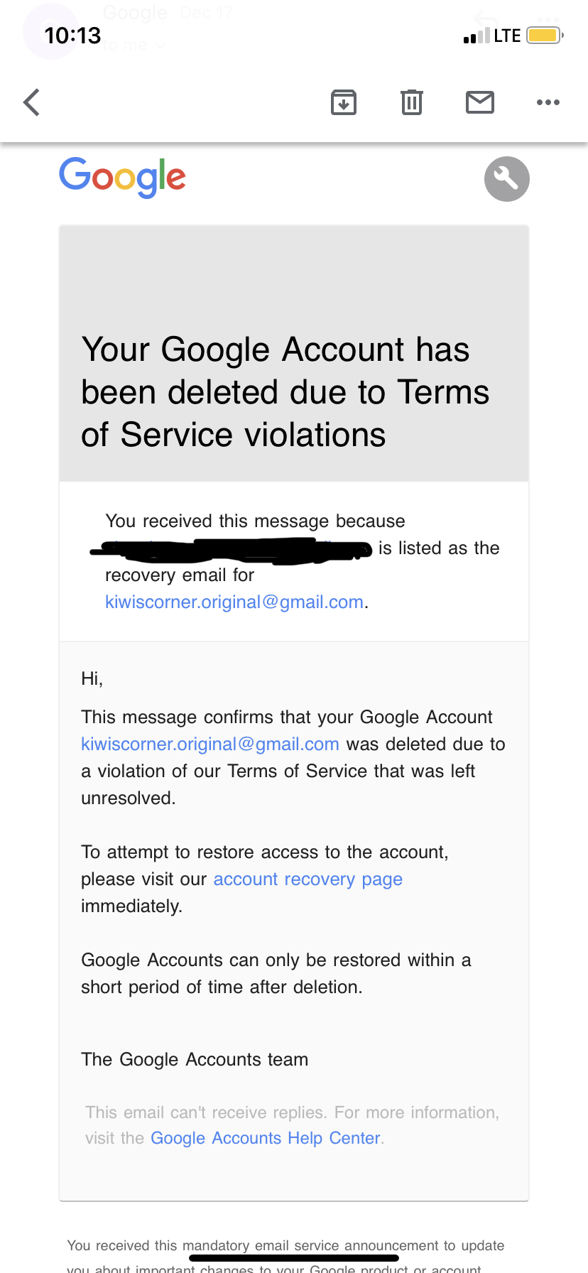 Violations due to tos google deleted account