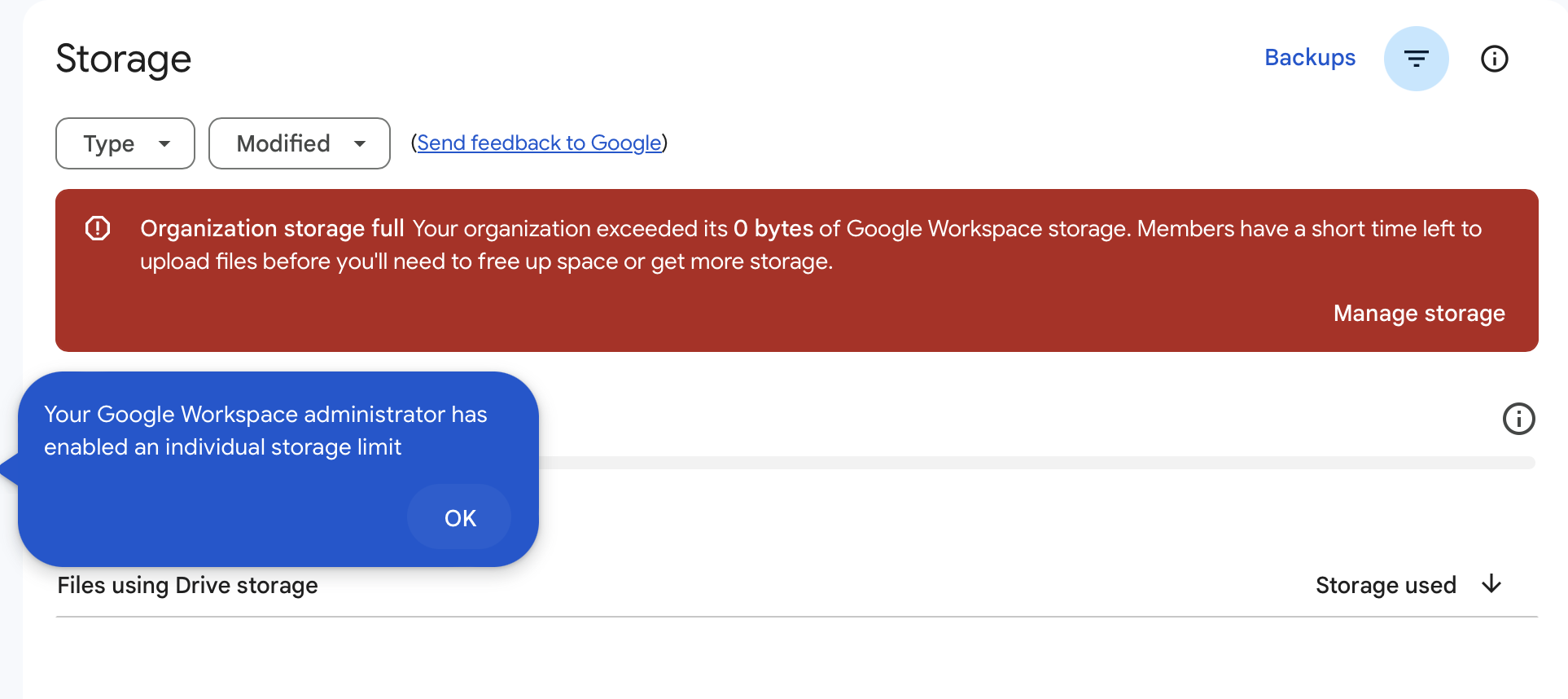 Organization Storage saying 0 bytes suddenly even though everything is  working fine. Using Workspace for Non profits. I have already reported this  to the google engineers and they have taken data and