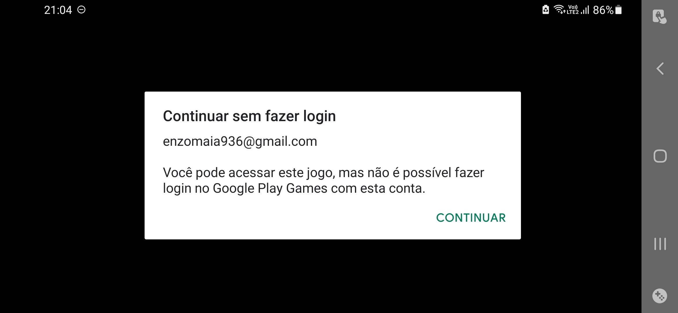 Não é possível fazer login em jogos pelo Google play games para