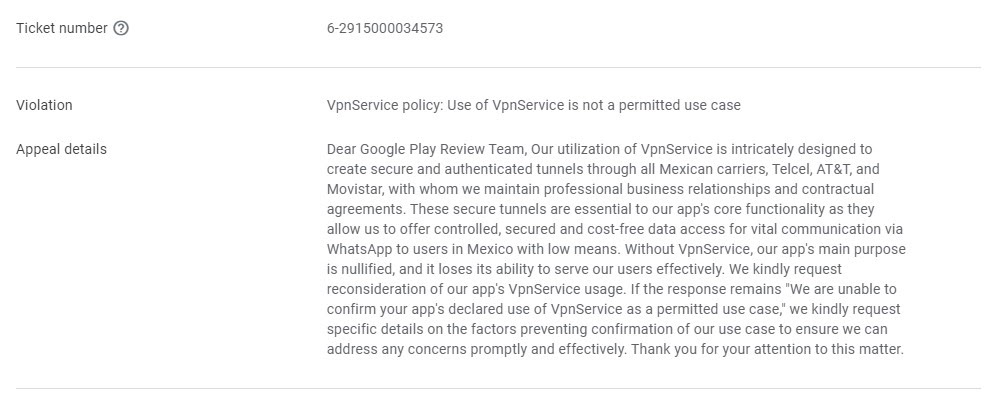 App rejected for VpnService although it is the core functionality App rejected for VpnService although it is the core functionality
