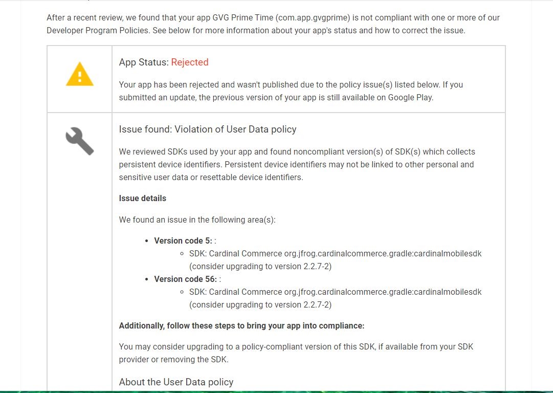 Issue found: Violation of User Data policy | App Status: Rejected 