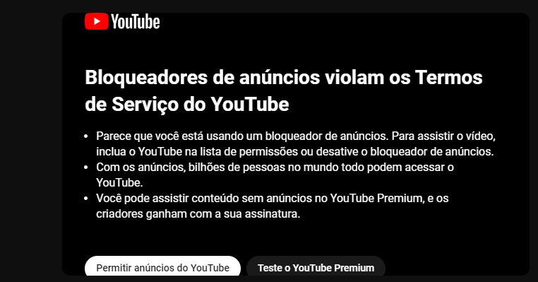 começa a interromper vídeos para quem usa bloqueadores de anúncios  no Brasil 